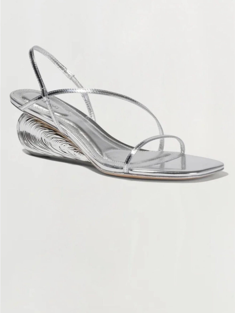 Simkhai Bridget oyster shell Silver Metallic Strappy Wedge Sandal w box and bag